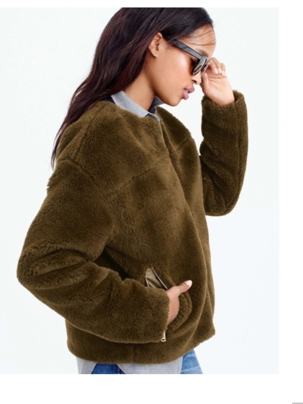 J. Crew Cropped Fleece Teddy Jacket Faux Fur Casual Trendy Cozy. Sz 8. EUC!